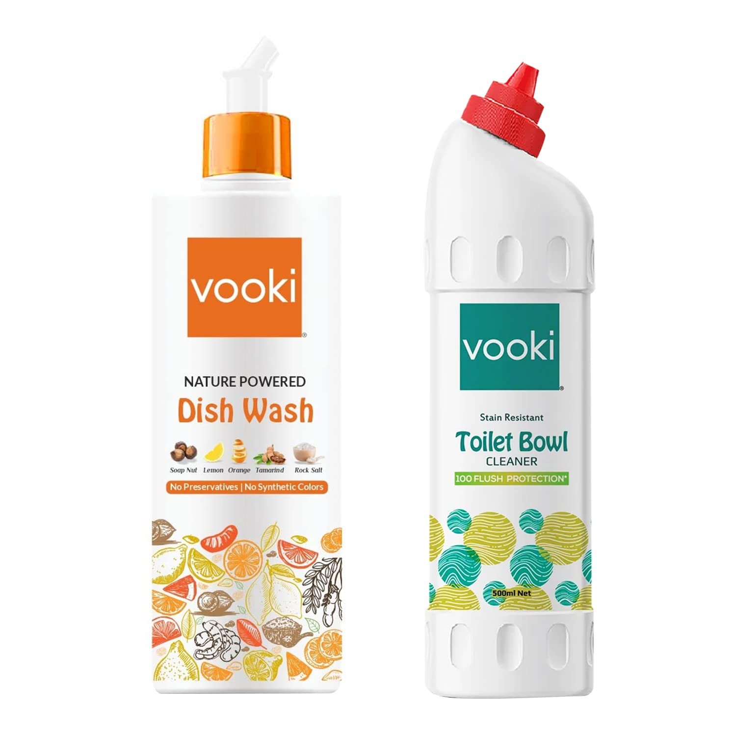 Vooki Nature Powered Dish Wash and Ecofriendly Toilet Cleaner Liquid 100 Flush Protection - 500 Ml Each, (Combo Pack of 2)