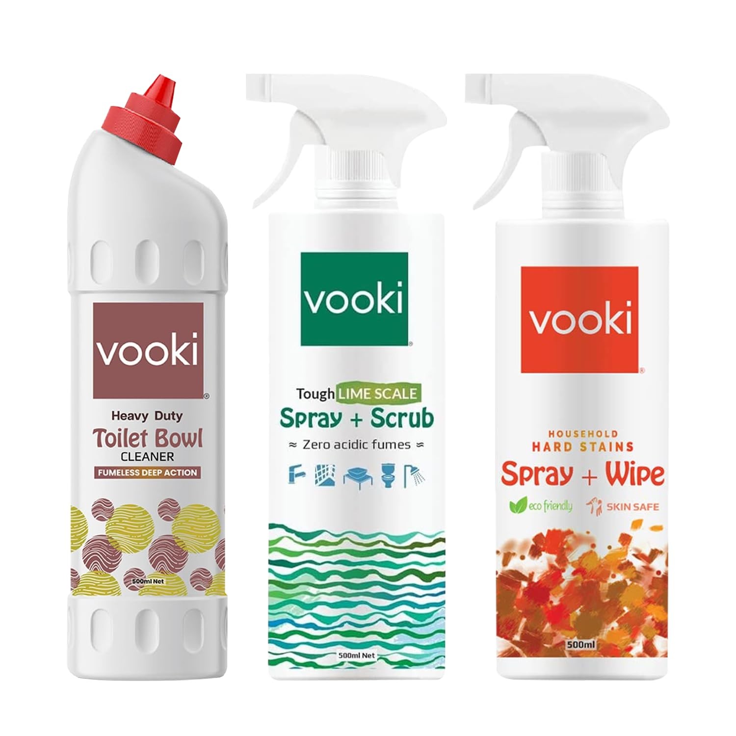 Vooki Heavy Duty Toilet Bowl Cleaner 500 ml, Ecofriendly Tough Lime Scale Hard Water Stain Remover 500 ml and Hard Stains Spray 500 ml - (Combo Pack of 3)